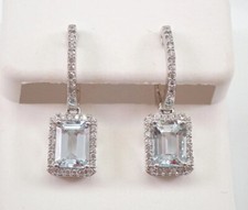 4Ct Emerald Cut Lab-Created Aquamarine Halo Drop Earrings 14K White Gold Plated