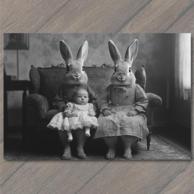 Art Print Surreal Bunnies Baby Holding Victorian Odd Fantasy Creepy Weird Rabbit