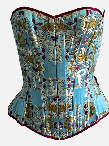 Overbust Corset Progressive Design Silk Brocade 22” Blue Boned - Picture 17 of 18