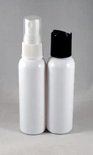White HDPE 2 oz Cosmo Round Plastic Bottles w Pump Spray or Cap, Mult Quantities