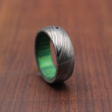 Damascus Ring with Green Wood Deep Pattern 6mm Domed Shape Ring Band for Him