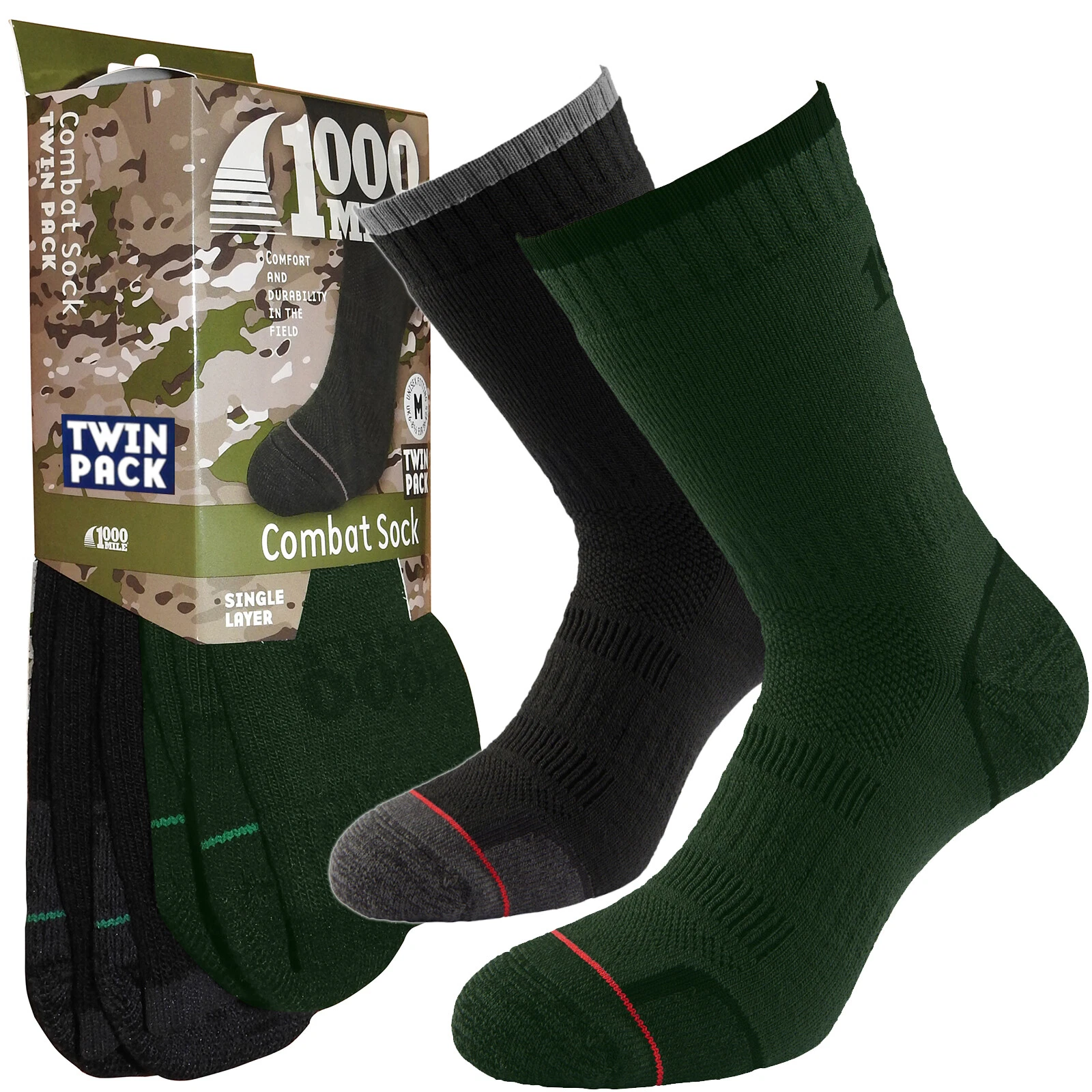 1000 Mile COMBAT Walking Hiking Climbing Outdoor Unisex Socks, 2 Pair Per Pack