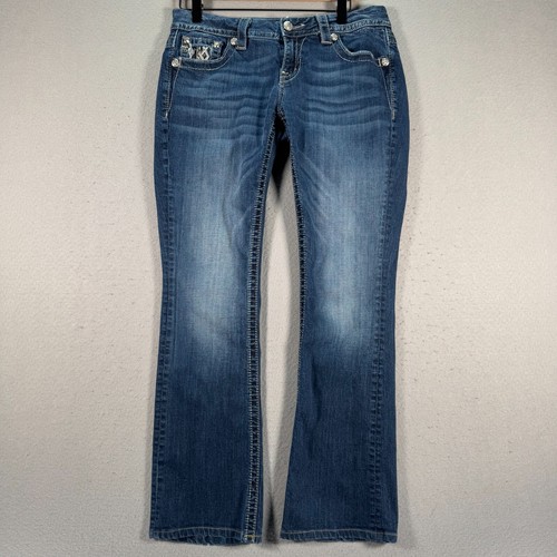 Jean femme Miss Me taille moyenne easy boot 27 bleu foncé délavé denim orné