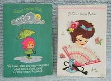 Two Vintage 1950's Get Well Cards American Greeting Forget Me Not Fan FREE S/H