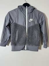 Nike Youth Windrunner Full Zip Fleece Lined Hooded Sherpa Jacket XS Gray