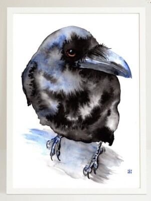 Aquarell Schwarze Krähe Gemälde Druck vom Original von ili