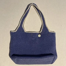 The SAK Crochet Knit Small Two Handle Handbag Purse Cornflower Baby Blue Lined