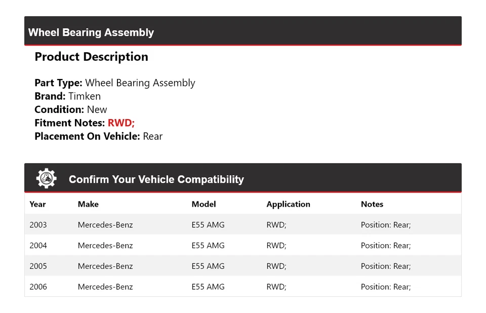 For 2003-2006 Mercedes-Benz E55 AMG RWD Wheel Bearing Assembly Rear Timken 2004 - Image 2 of 4