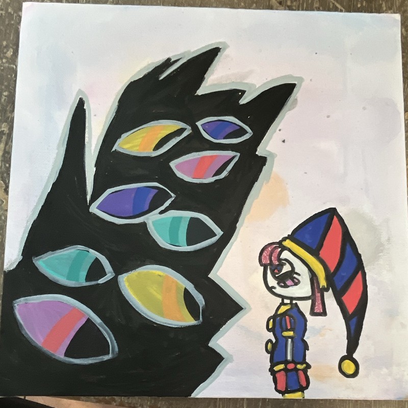 Abstract Fantasy Painting Jester/Clown Figure w/ Multicolored Eyes Unframed