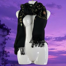 Vtg Wool Fringe Shawl Floral Embroidered Boho Folk Scarf Wrap Black Multi 68x 25
