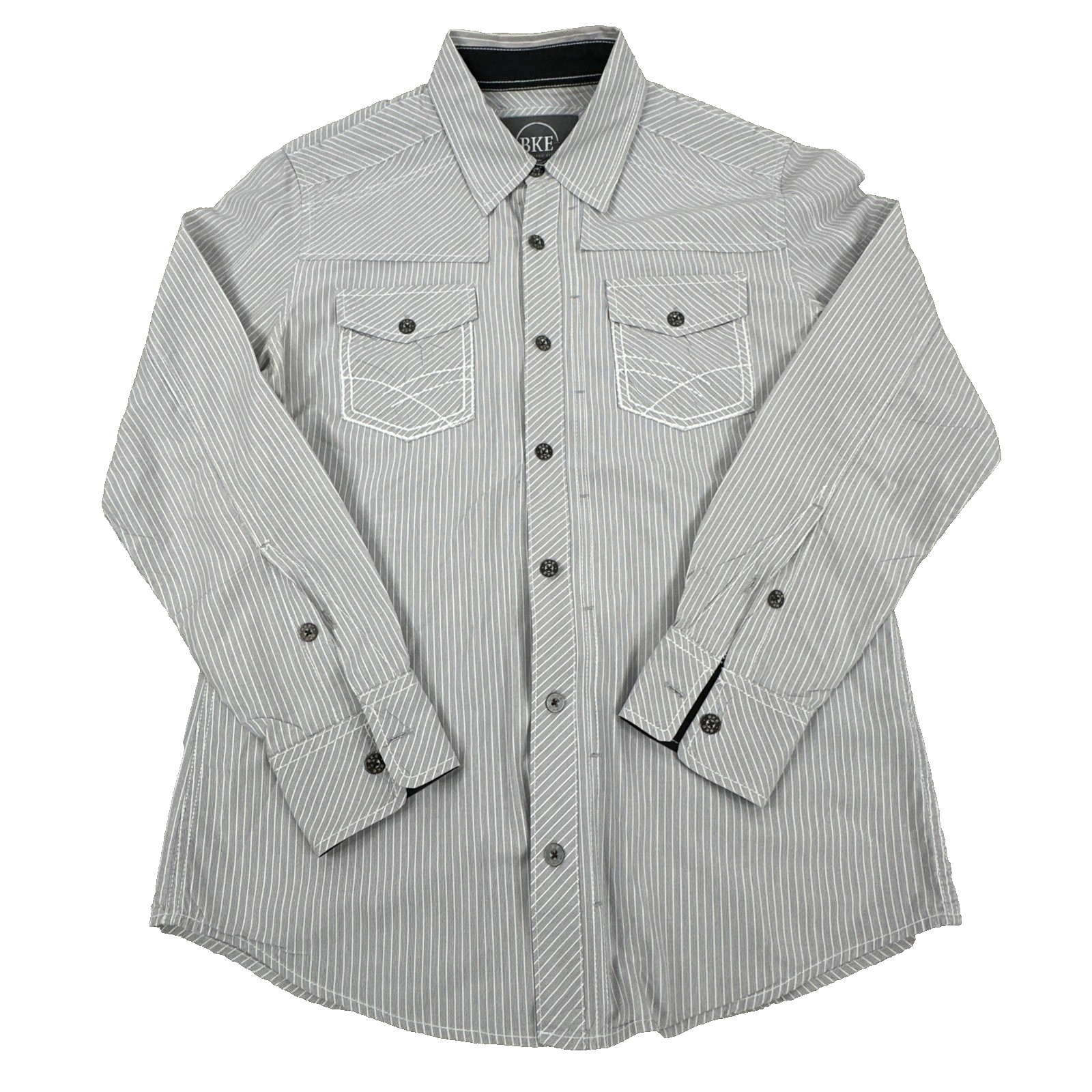 BKE Men's L Western Button Up Shirt Gray White Stripe Cowboy Retro Long Sleeve