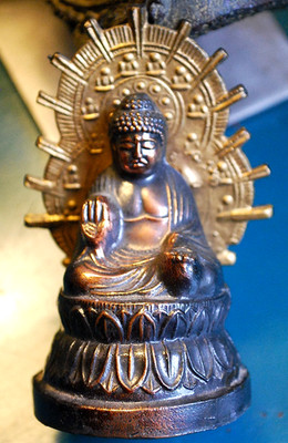 Vtg Brass Miniature BUDDHA FIGURINE Sitting Meditation Statue JAPANESE WRITING