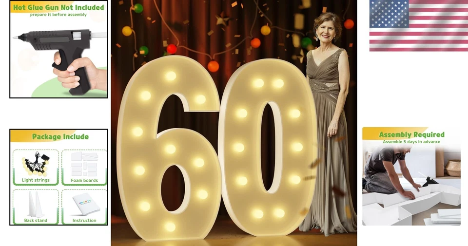 Impresionante 4 pies Iluminado Número 60 - Perfecto para 60 Cumpleaños y Aniversario Celda... Foto 2 de 4