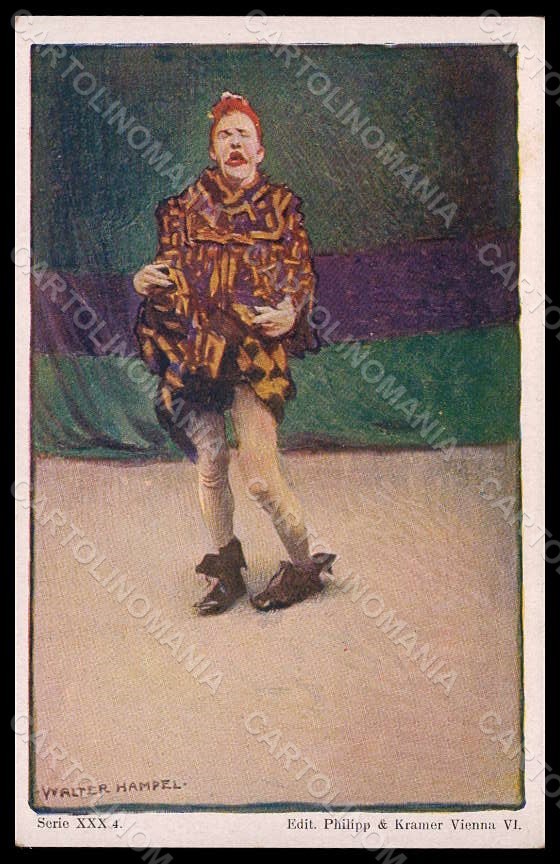 Artista firmato Hampel W. Clown Art Nouveau Philipp & Kramer serie XXX-4 pezzi VK7838