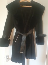 Image of Black Karen Millen Faux Suede Fur Trim Coat Size 14