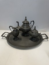 Set Da The Caffè In Peltro Vintage Vassoio Teiera Zuccheriera E Lattiera