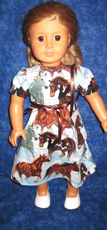 Blue Dress w/ Horses Running in Snow- Purse, Ribbon -Fits 18" American Girl Doll