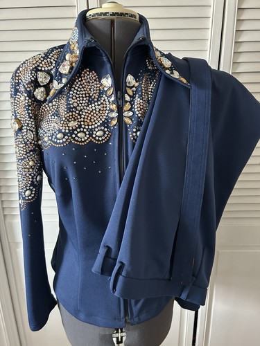 Western Show Outfit with real Swarovski Crystals Indigo Blue w/ Chaps pants belt