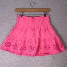 Mini Boden Skirt Girls 5/6 Pink Cotton Eyelet Tiered Ruffle Hem Drawstring Waist