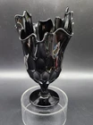 Vtg Fenton Art Glass Opaque Black Thumbprint Vase Handkerchief Top 9" T Pre-1970