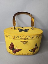 Vintage 1971 Wooden/Bamboo Decoupage Butterflies Hand Bag Purse