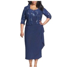 Alex Evening Blue Sequins Two Piece Jacket Sleeveless Midi Dress Size 24W