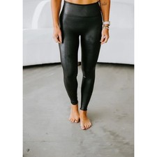Spanx Pull On Stretch Slimming Shaping Faux Leather Black Leggings Size Medium