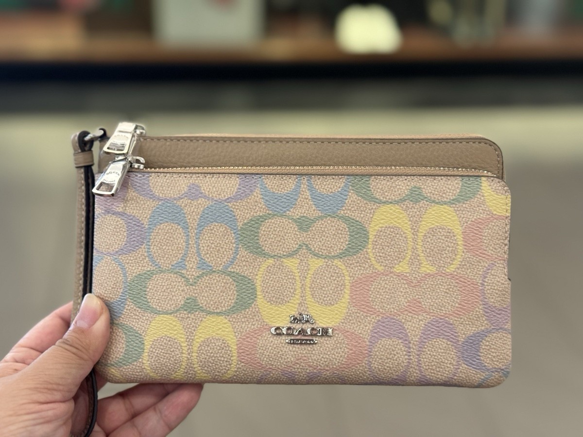 Coach Double Zip Wallet In Rainbow Signature Canvas CDN23 Silver