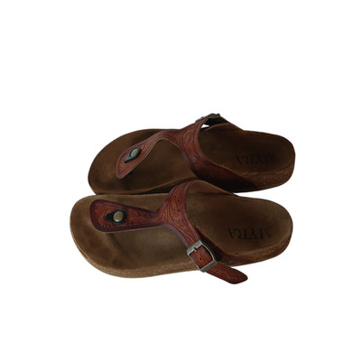 Myra Women's Crockler  Western Thong Sandals Hand Tooled Leather Brown Size 8