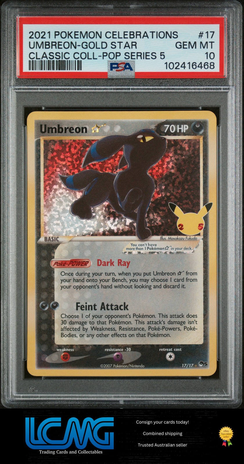2021 Pokemon Celebrations Classic #17 Umbreon Gold Star Pop Series 5 PSA 10