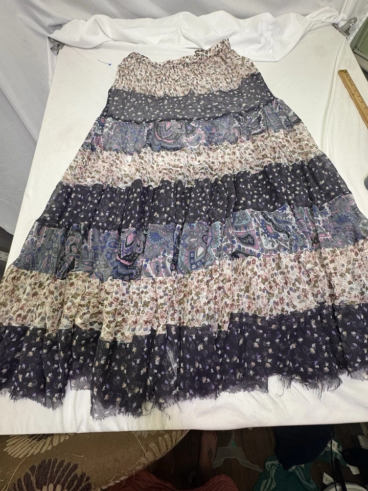 Maxi Falda Solitaria en Niveles Azul Rosa Talla S Paisley Gasa Forrada Cottage Boho Foto 2 de 4