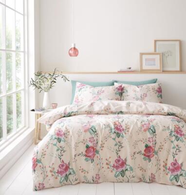 Bettwäscheset Bettbezug Rose Blumen Bettwäsche Retro Blumenmuster Creme / Rosa
