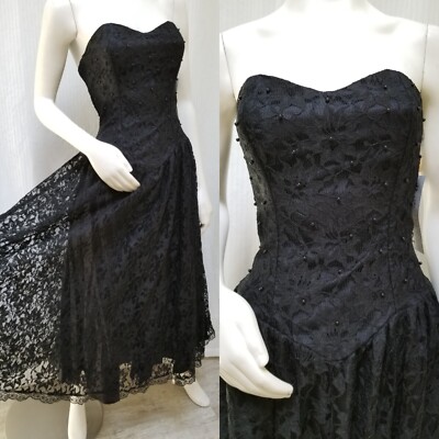 NWT Vintage POSITIVELY ELLYN Black Beaded Lace Strapless Sweetheart ...