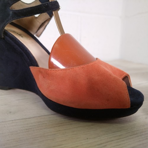 Clarks Narrative Wedge High Heel Shoes UK 3D Navy Orange Suede Peep Toe - Picture 14 of 19