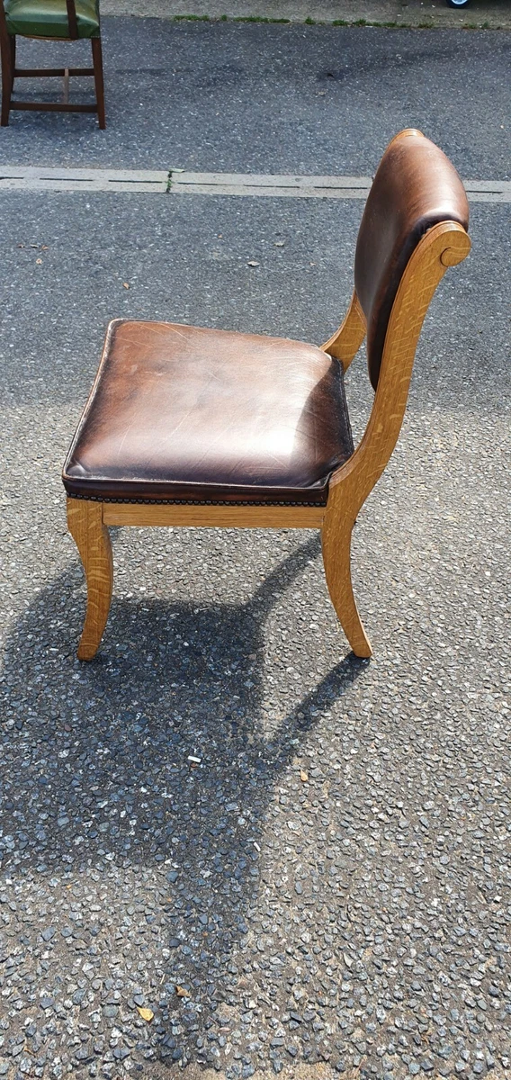 Dining Chair Solid Oak Brown Leather Stud Retro Vintage Upcycle