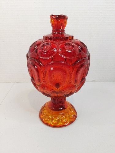 LE Smith Amberina Moon and Stars Large Covered Candy Dish Compote Vintage MCM 8" - Afbeelding 1 van 12