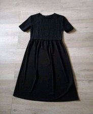 Zara Black Semi Sheer Textured Flared Midi Dress Evening Party Holiday UK8/10