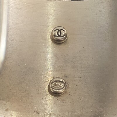 Chanel Silver Tone Metal Cuff Bracelet Black Crystal