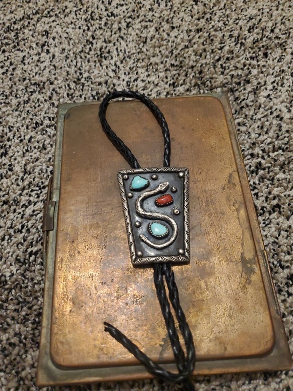 Vintage Native American Large Ornate Sterling Turquoise & Coral Snake Bolo COOL!