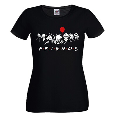 Friends Horror Damen Tshirt Schwarz Baumwolle Pennywise Krueger Kino Print 80er