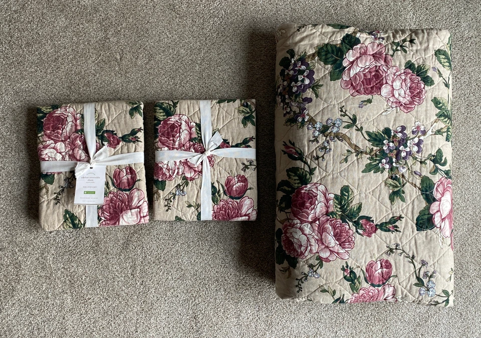 Pottery Barn Adelise Reversible Floral Quilt Set Soft Rose Queen & 2 Euro Shams - Image 4 of 4