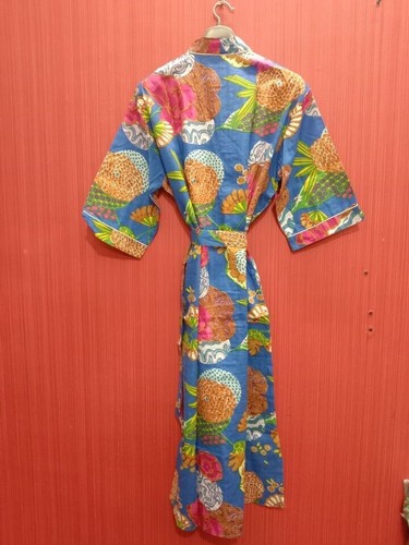 Indian Blue Long Floral Print Cotton Hippie Maxi Women Nightwear Kimono Gown - Picture 3 of 4