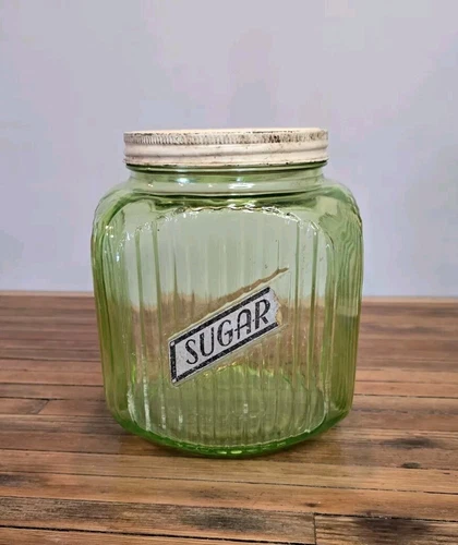 Vintage Uranium Glass Large Hoosier Canister Sugar Jar Depression Hocking  1930s
