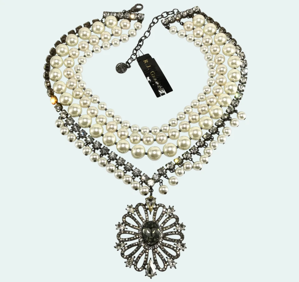 VTG Graziano Layered Statement Necklace Faux Pearls Rhinestones Oval Pendant