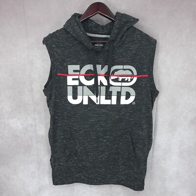 Ecko Unltd Hoodie Vest Mens Medium Black Pullover Sleeveless Pockets Spell Out