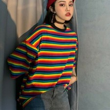 Damen Regenbogen Gestreift T-Shirt Locker Freizeit Kurzärmeliges Top Harajuku