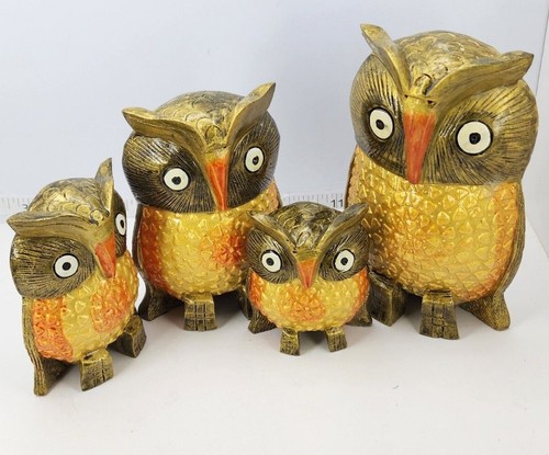 OWL figure Wood Wooden Hand carved Statue Beautiful Hand artwork SET OF 4 AND 5 - Picture 5 of 36