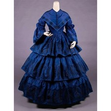 Navy Blue Victorian Ball Gown PuffySleeve Tiered Ruffle Historical Cosplay Dress