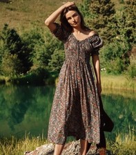 Doen “Ischia” Dress Wildberry Thicket Blue Floral Puff Sleeve Dress EUC