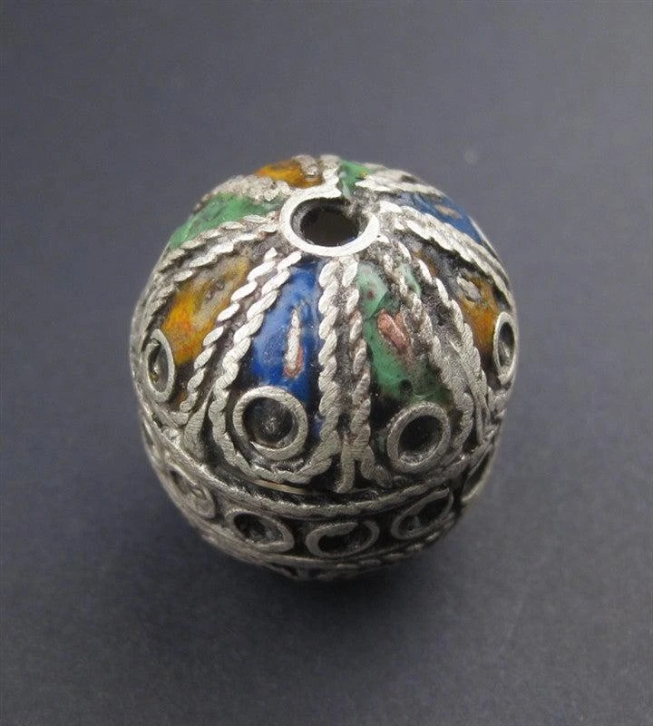 Artisanal Enameled Round Silver Berber Bead 28mm Morocco African Oval Handmade - Image 4 of 4